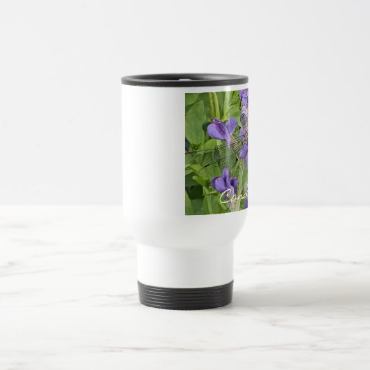 Mug De Voyage Dragonfly on Purple Flowers with Name (Centre)