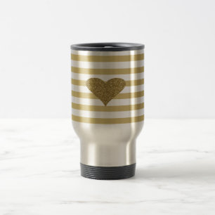 Mug De Voyage Élégant Chic Pailleté Or Faux Cœur Sur Rayures