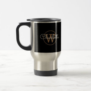 Mug De Voyage Élégant Moderne Script Monogramme Noir Or