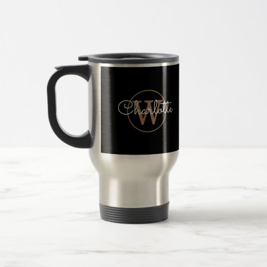 Mug De Voyage Élégant Moderne Script Monogramme Noir Or  (Gauche)