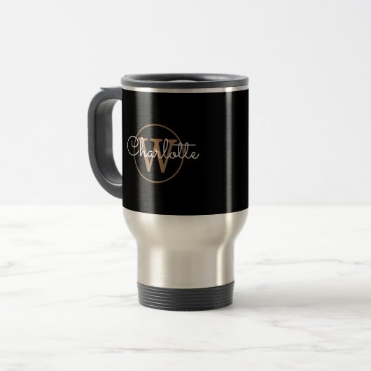 Mug De Voyage Élégant Script moderne or Monogramme noir  (Devant gauche)