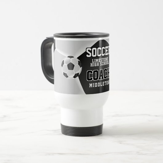 Mug De Voyage  Entraîneur de soccer noir et blanc  (Devant gauche)