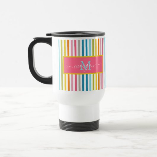 Mug De Voyage Été Arc en ciel rayures Monogramme Script (Gauche)