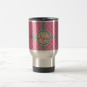 Mug De Voyage Étiquette et ruban de nom rose et fleuri