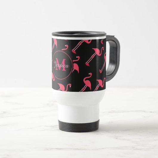 Mug De Voyage Flamants roses roses sur Noir Personnalisé (Devant droit)