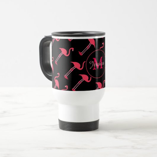 Mug De Voyage Flamants roses roses sur Noir Personnalisé (Devant gauche)