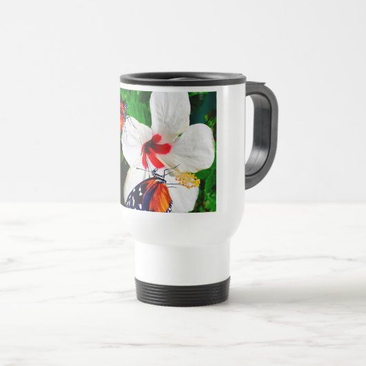 Mug De Voyage Fleur d'Hibiscus avec 2 papillons Tiger Longwing (Devant droit)