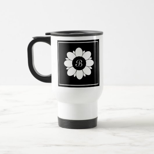Mug De Voyage Fleur noire et blanche simple Design initial (Gauche)