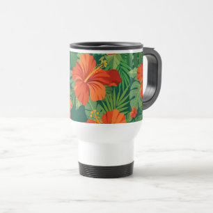 Mug De Voyage Fleurs d'Hibiscus Rouge Orange Vert Feuillage de l