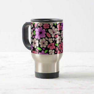 Mug De Voyage Fleurs violettes et roses et motif de pétales noir