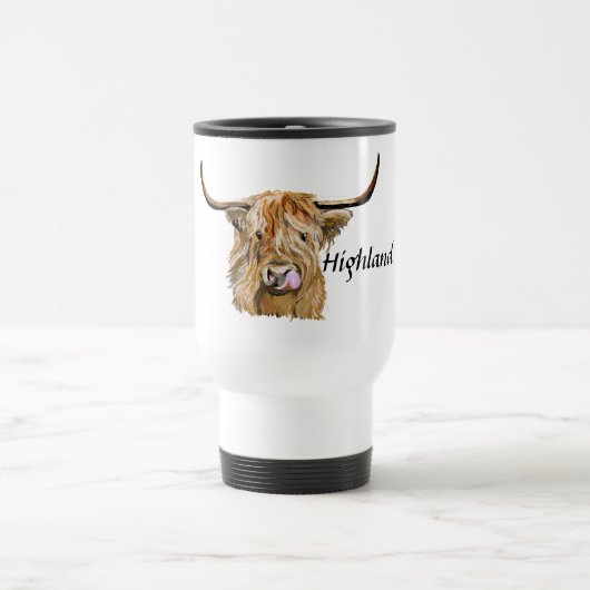 Mug De Voyage Fluffy Red Highland Cow Art numérique original (Centre)