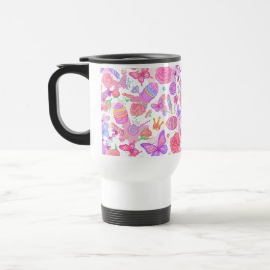Mug De Voyage Fun Papillon rose, Cupcake, Motif de bonbons (Gauche)