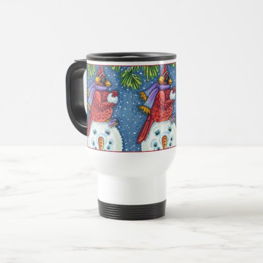 MUG DE VOYAGE GARDE CARDINAL SNOWMAN, CUTE NOËL REDBIRD (Devant gauche)
