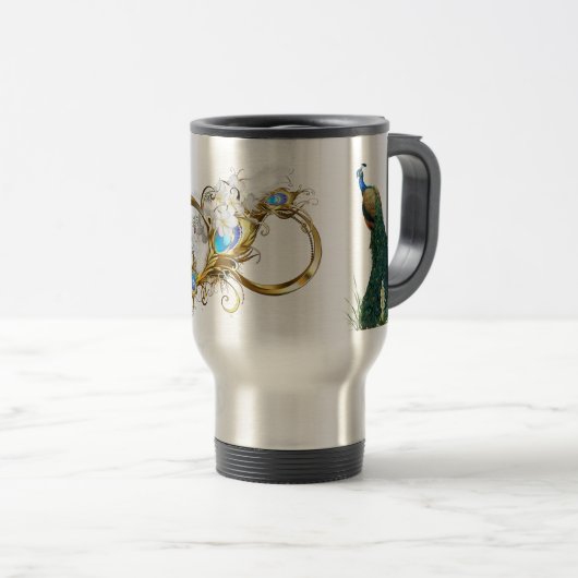 Mug De Voyage Golden Royal Peacocks & Feathers Mariages Cercles (Devant droit)