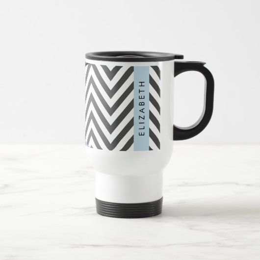 Mug De Voyage Grey Zigzag, Grey Chevron, Bleu, Votre Nom (Droite)