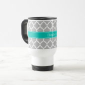 Mug De Voyage Gris Blanc Marocain #5 Nom Turquoise Monogramme (Devant gauche)