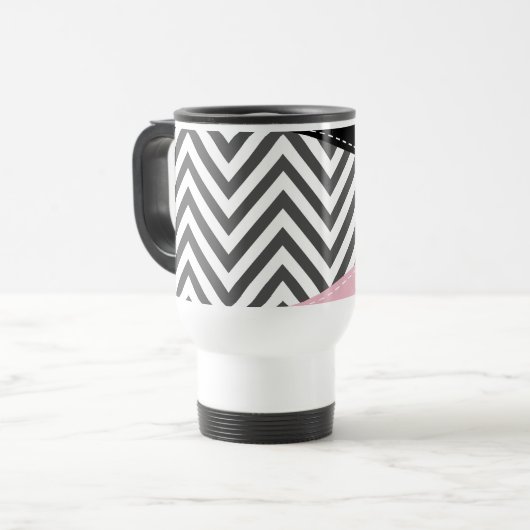 Mug De Voyage Gris Zigzag, Gris Chevron, Motif Zigzag, Rose (Devant gauche)