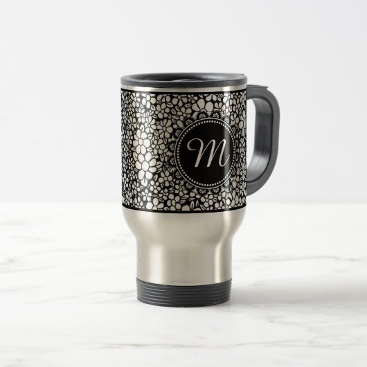 Mug De Voyage Hand Drawn Black and White Flower Pattern Monogram (Devant droit)