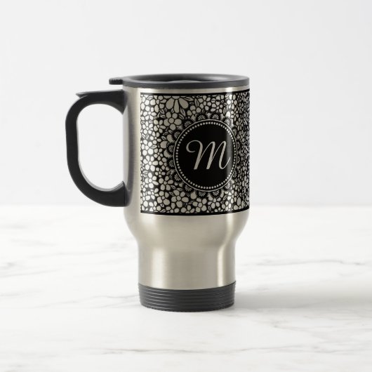 Mug De Voyage Hand Drawn Black and White Flower Pattern Monogram (Gauche)