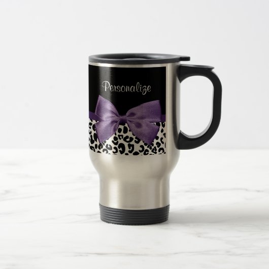 Mug De Voyage Jeune Empreinte de léopard, Joli Ruban Violet, Nom (Droit)