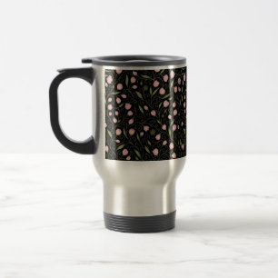 Mug De Voyage Jolie fleur rose sur fond noir avec motif répétiti