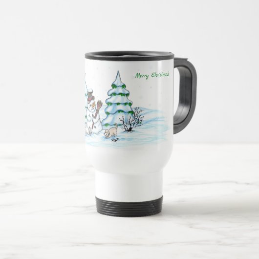 Mug De Voyage Joyeux Noël ! Snowman avec chat et chiot (Devant droit)