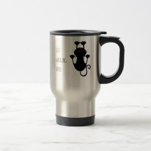 Mug De Voyage Juste accroché là dessin animé de chat noir texte