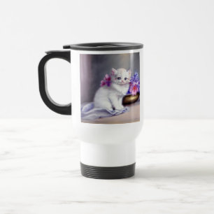 Mug De Voyage Kitten blanc vintage aux fleurs roses et violettes