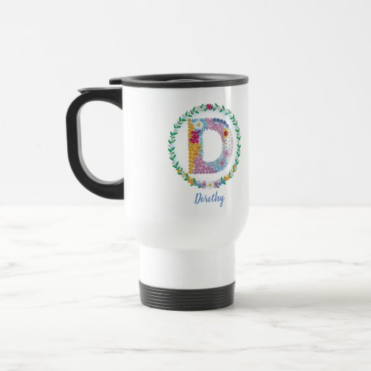 Mug De Voyage Lettres de fleurs Initiale "D" avec nom personnali (Gauche)