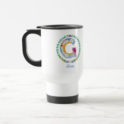 Mug De Voyage Lettres de fleurs Initiale "G" avec nom personnali (Gauche)