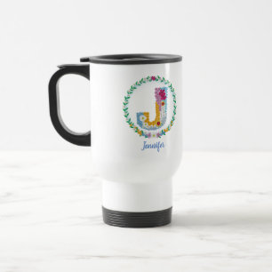 Mug De Voyage Lettres de fleurs Initiale "J" avec nom personnali