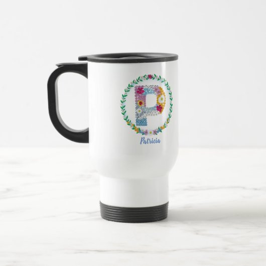 Mug De Voyage Lettres de fleurs Initiale "P" avec nom personnali (Gauche)