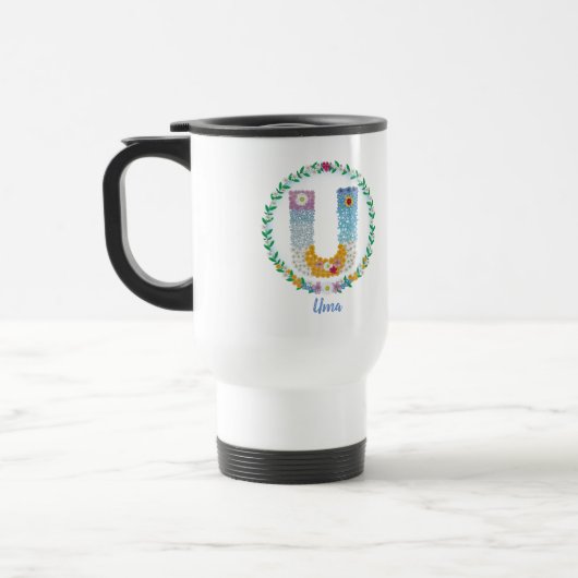 Mug De Voyage Lettres de fleurs Initiale "U" avec nom personnali (Gauche)
