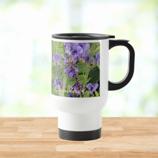 Mug De Voyage Libellule sur des fleurs violettes avec nom