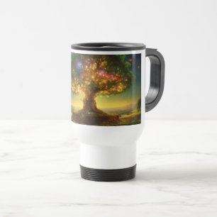 Mug De Voyage L'image montre un arbre vibrant et magique, luisan