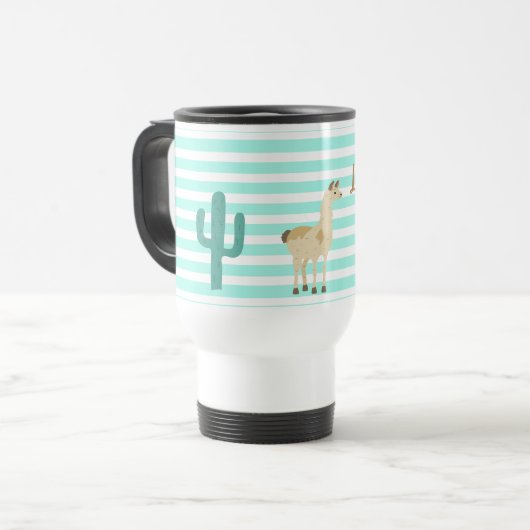 Mug De Voyage Llama et cactus sur bandes vertes et blanches (Devant gauche)