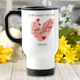 Mug De Voyage Love You Custom Text Name Aquarelle Coeurs rouges