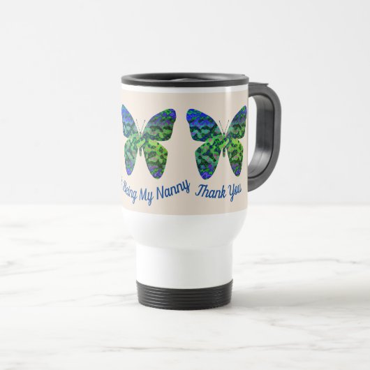 Mug De Voyage Merci Nanny Blue Green Butterfly Babysitter (Devant droit)