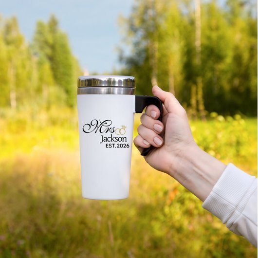 Mug De Voyage Modern Bride Name Wedding Ring Date Black Text