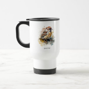 Mug De Voyage Moineau aquarelle rustique, personnalisé
