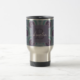 Mug De Voyage Monogramme à motif de cercles rétro violet et vert