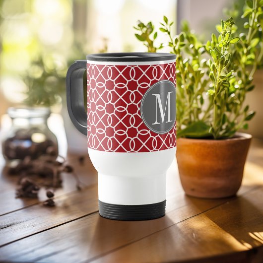 Mug De Voyage Monogramme de Motif géométrique rouge et gris