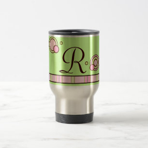 Mug De Voyage Monogramme de Pois et de bandes - rose et vert