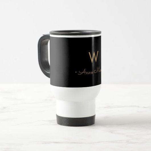 Mug De Voyage Monogramme de script Black Gold moderne (Devant gauche)
