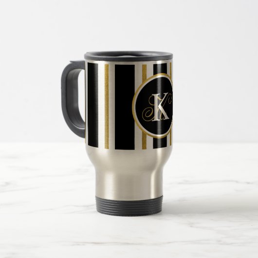 Mug De Voyage Monogramme Elégant Noir & Or Personnalisé (Devant gauche)