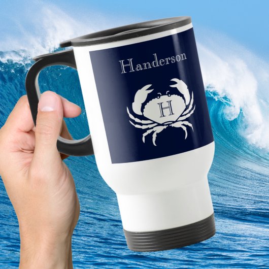 Mug De Voyage Monogramme Marine Bleu Crabe Blanc Nautique
