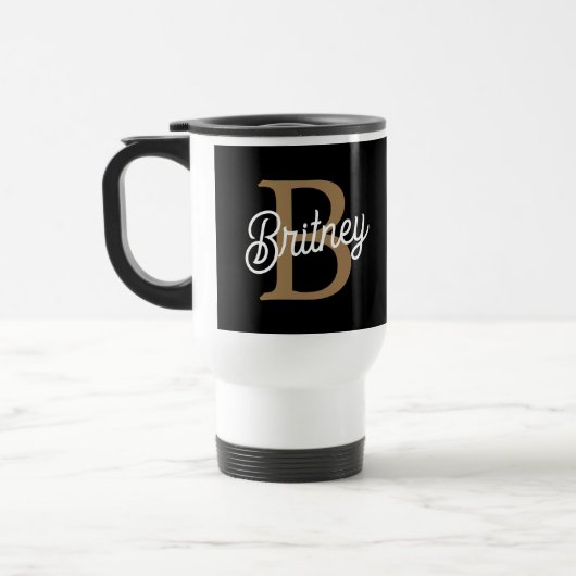 Mug De Voyage Monogramme moderne élégant Nom Black Gold Script (Gauche)