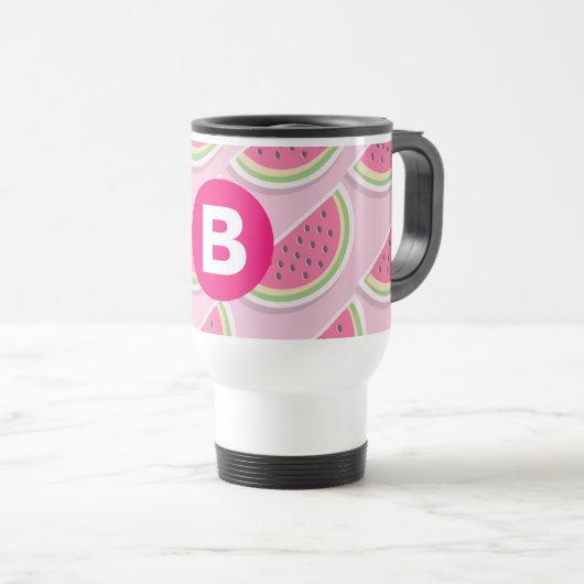 Mug De Voyage Monogramme Motif de pastèque rose (Devant droit)