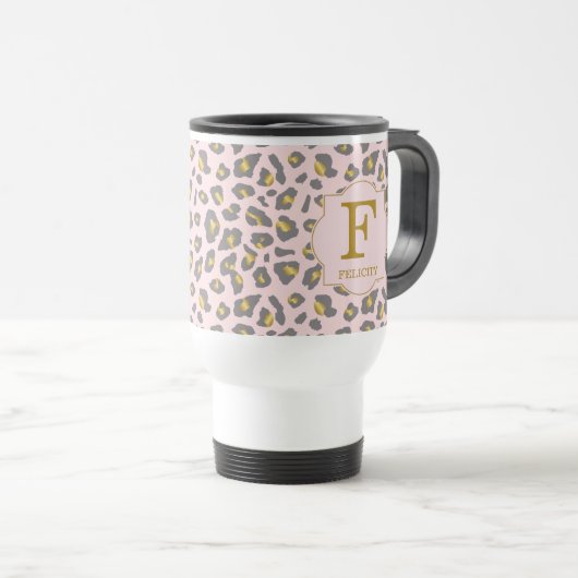 Mug De Voyage Monogramme Motif Léopard Rose Or Moderne (Devant droit)