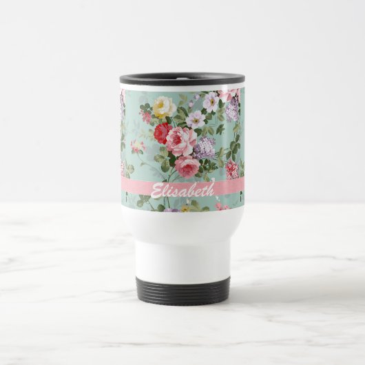 Mug De Voyage Monogramme rouge-rose Girly élégant de roses (Centre)